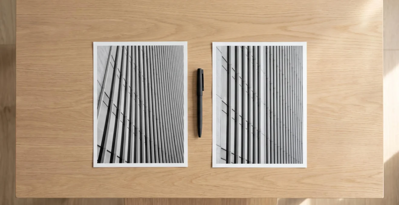 Top-down view of two printed photographs on wooden desk showing before and after perspective correction of an architectural building, with a black pen between them.